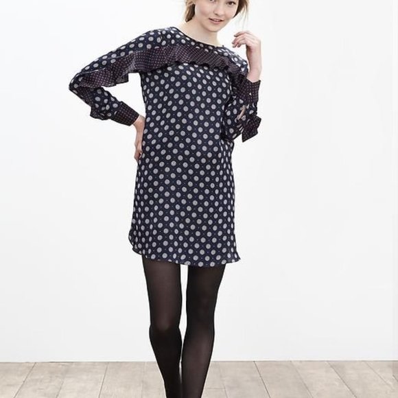 Banana Republic SILK FOULARD DRESS ruffle navy 2 - Picture 1 of 7